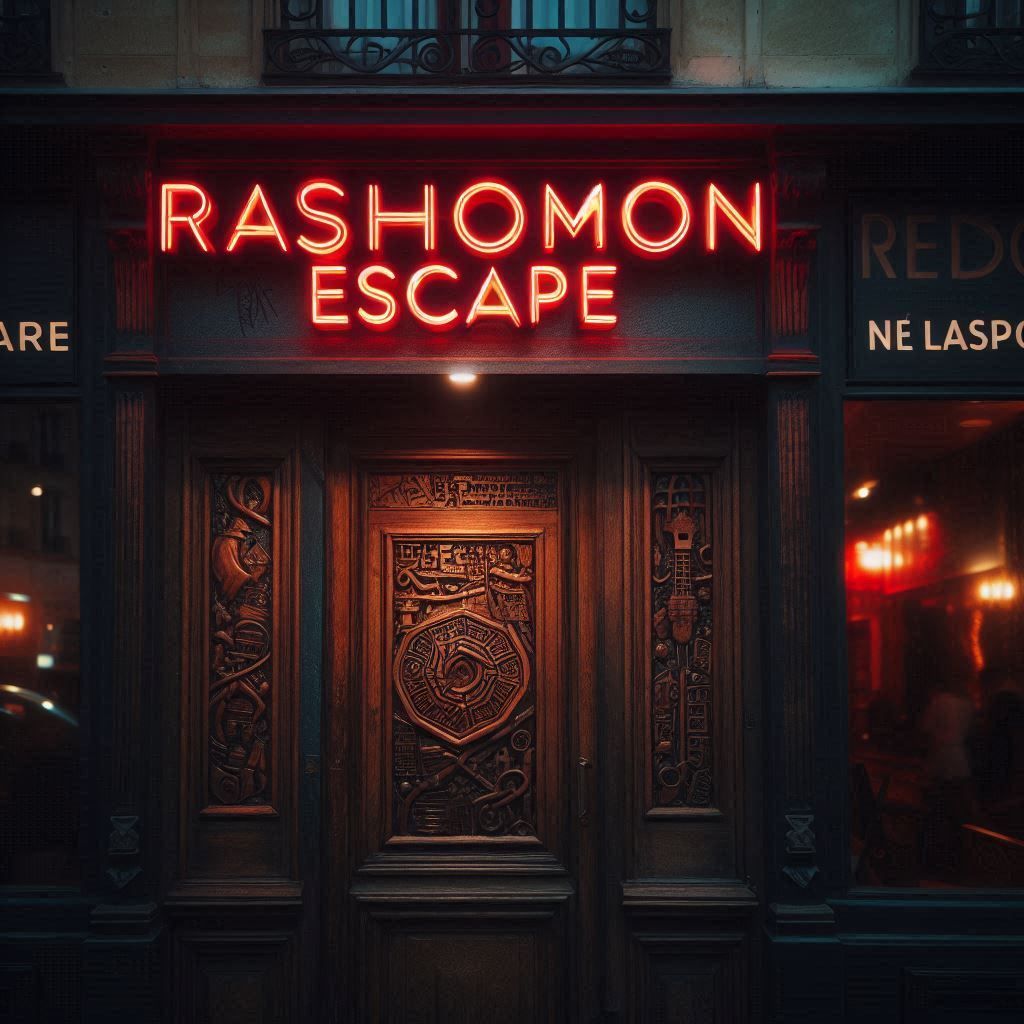Une devanture de magasin avec une enseigne au néon indiquant « rashomon escape »