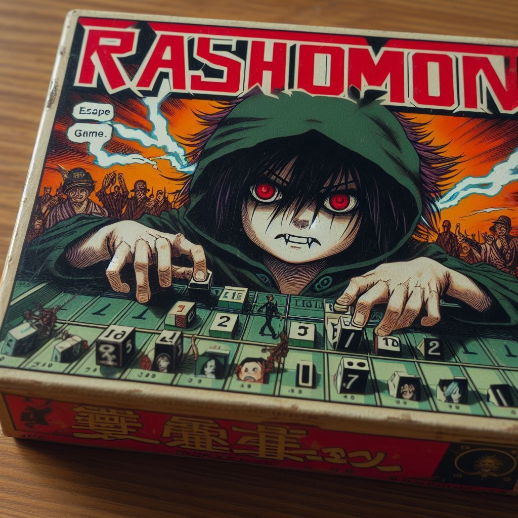 Un jeu de société rashomon est posé sur une table en bois