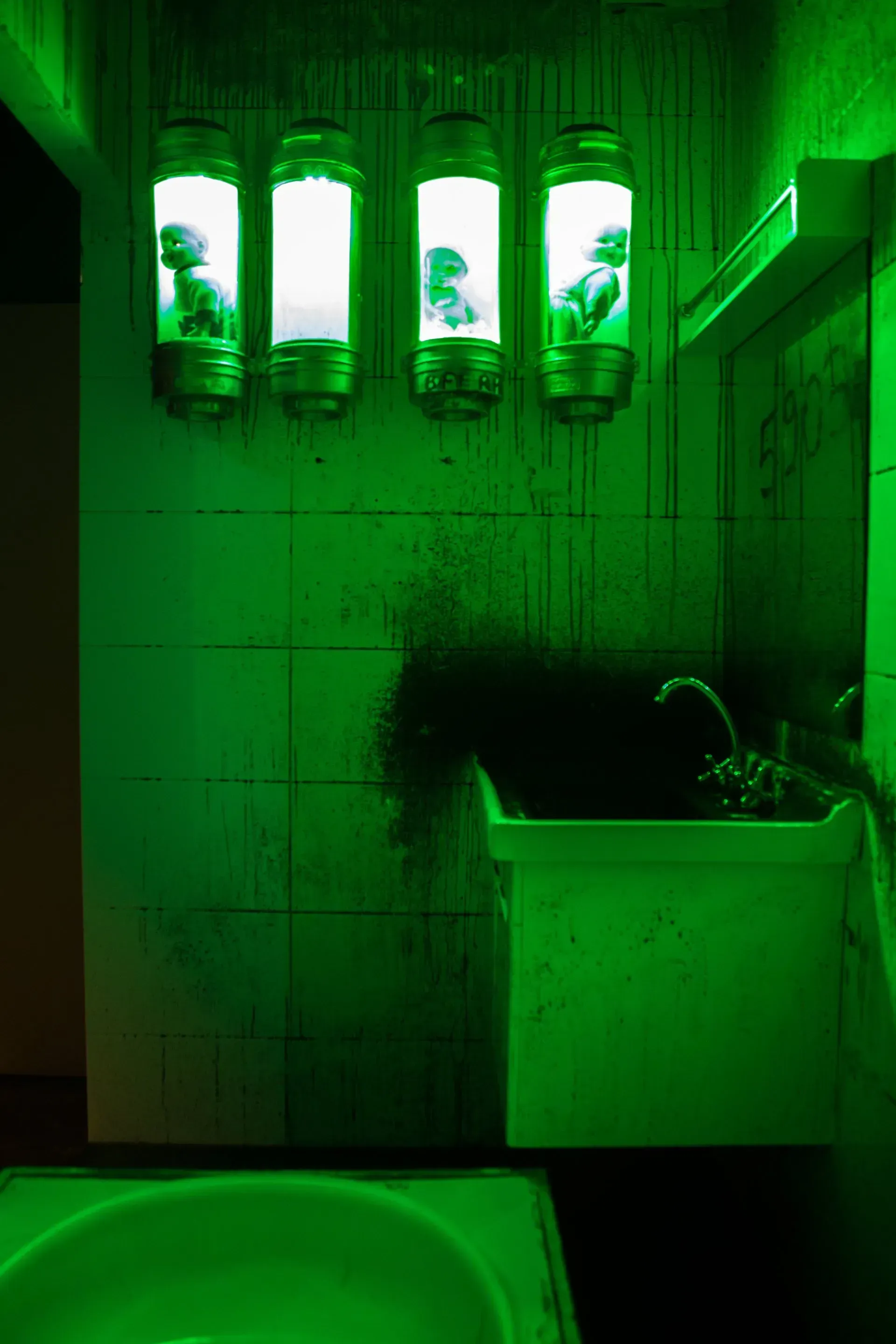 Une salle de bain avec des lumières vertes au mur et un lavabo.