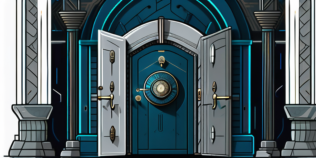 Un dessin animé d'une porte bleue avec une horloge dessus.