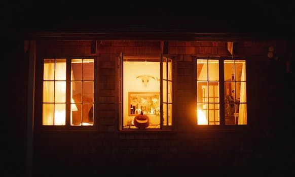 Trois fenêtres éclairées la nuit ; une citrouille sculptée se trouve dans la fenêtre centrale ouverte.