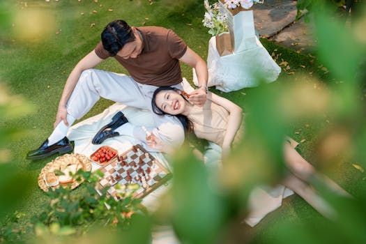 Un couple pique-nique, la femme sourit à l'homme. Ils sont dans un jardin, entourés de nourriture et de fleurs.