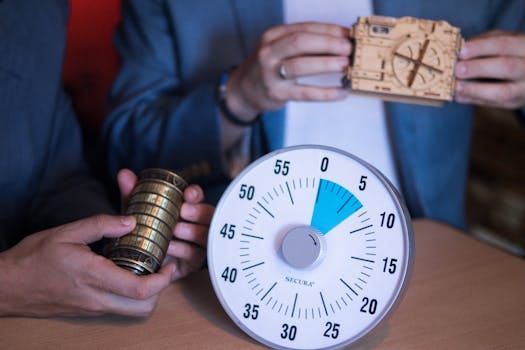 Deux personnes avec des boîtes à énigmes, à côté d'un minuteur réglé sur 5 minutes