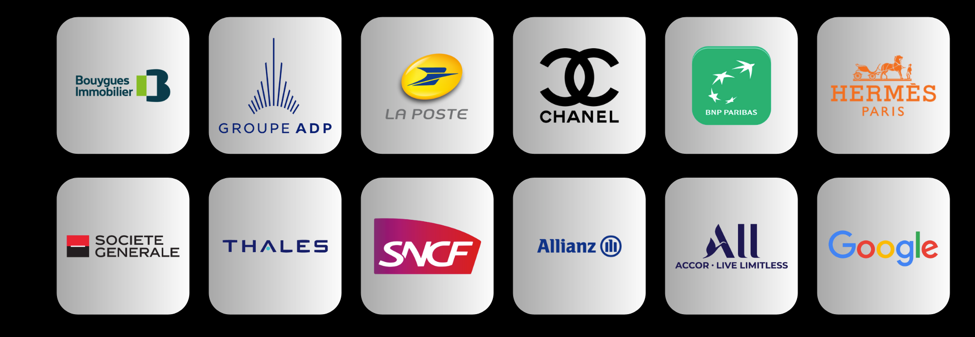 Logos de 12 entreprises, dont une banque, la poste, Chanel, Hermès et Google.