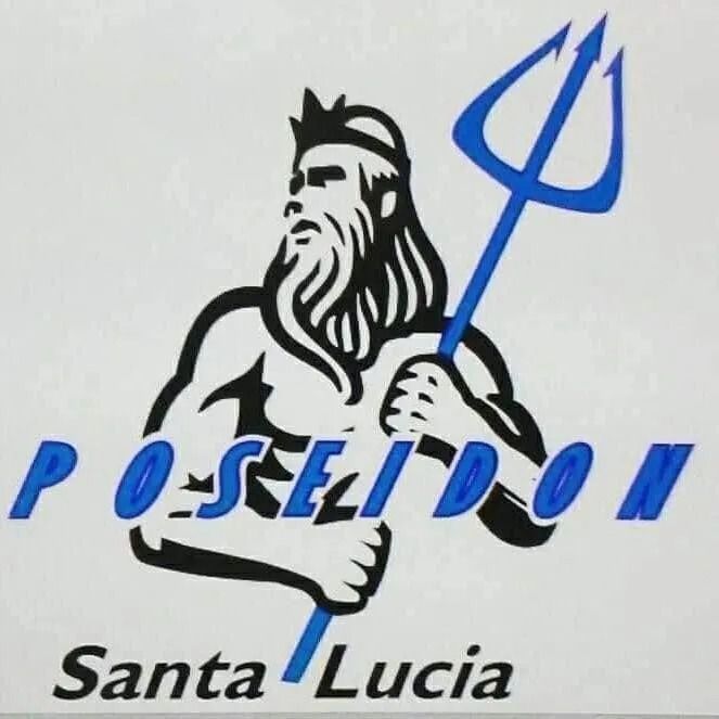 Poseidone che tiene in mano un tridente blu, la parola