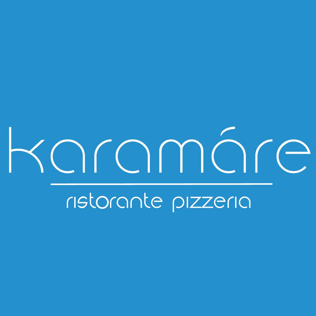 Logo per Karamáre ristorante pizzeria: testo bianco su sfondo blu.