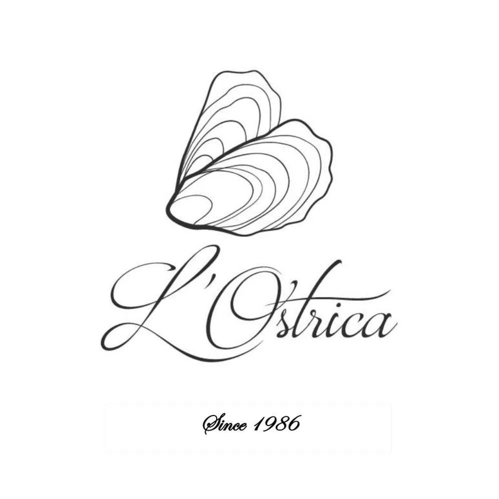 Logo del ristorante L'Ostrica: illustrazione di una conchiglia d'ostrica sopra il testo in corsivo