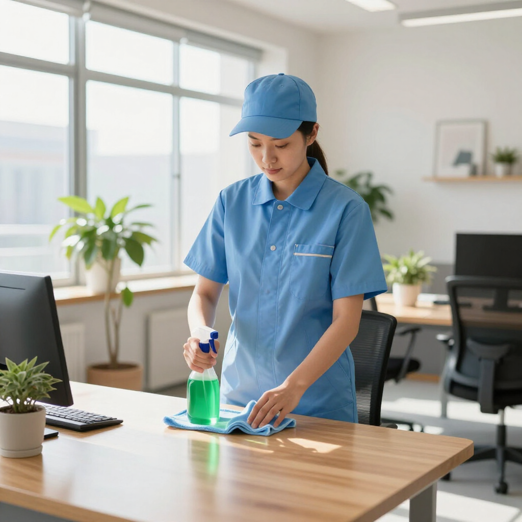 A person in a blue uniform and cap cleans an office desk with a spray bottle and cloth.