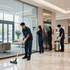 Four cleaning staff members in navy uniforms cleaning a bright, modern office lobby with a glass partition and elevator.