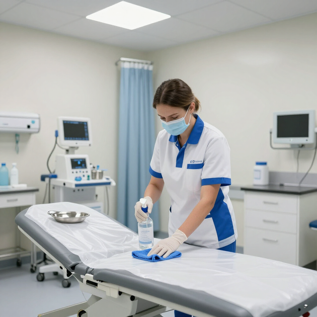 A healthcare worker wearing a mask and gloves sanitizes a medical examination table in a clean, clinical setting.