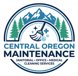 Logo for Central Oregon Maintenance, featuring mountains, pine trees, and a mop icon, with dark blue and green coloring.