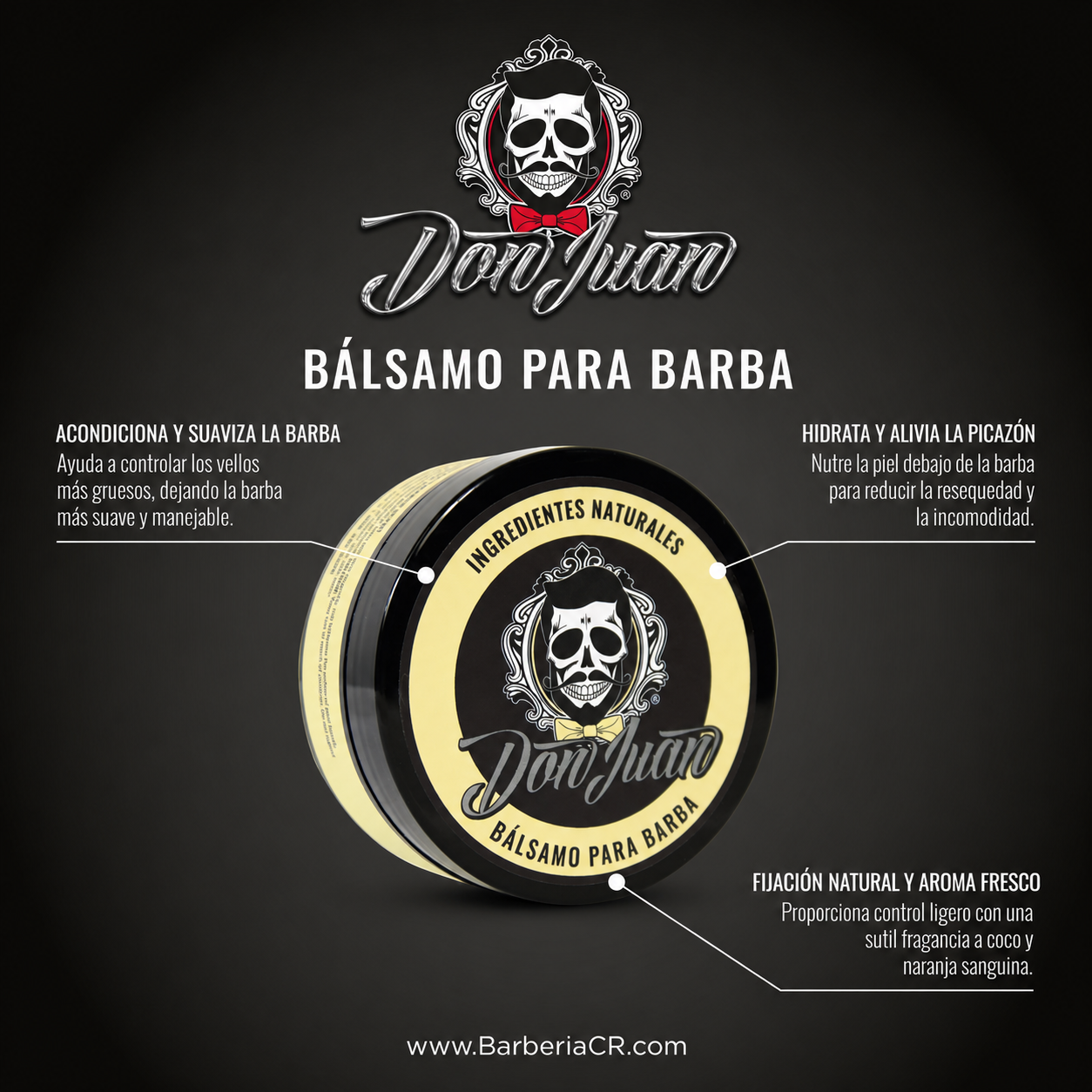 Etiqueta oscura de cosméticos para “Bálsamo para barba” con logotipo de calavera sobre fondo negro.