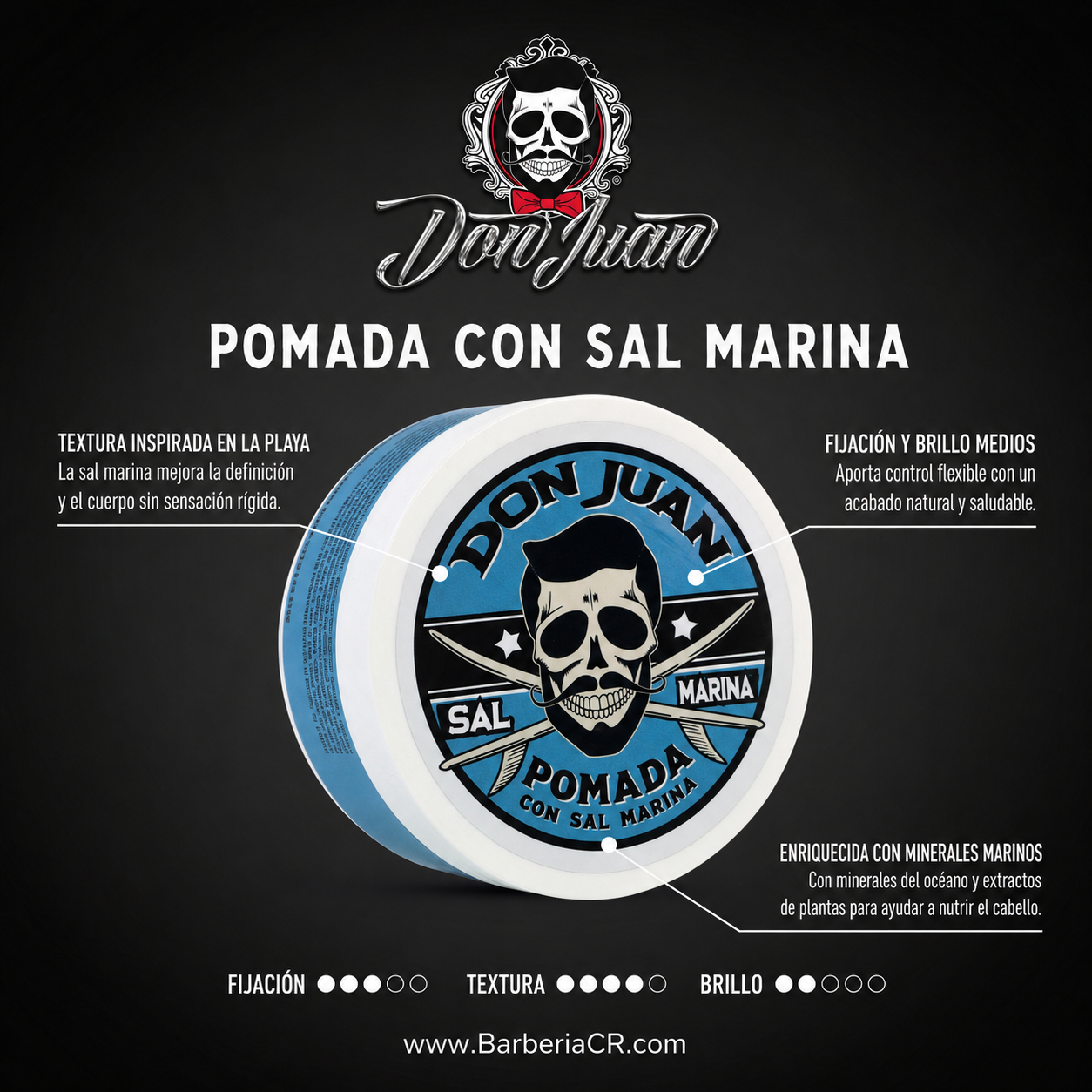 Anuncio publicitario en negro de Don Juan Pomada con Sal Marina, que muestra un frasco azul y blanco con el logotipo de una calavera.