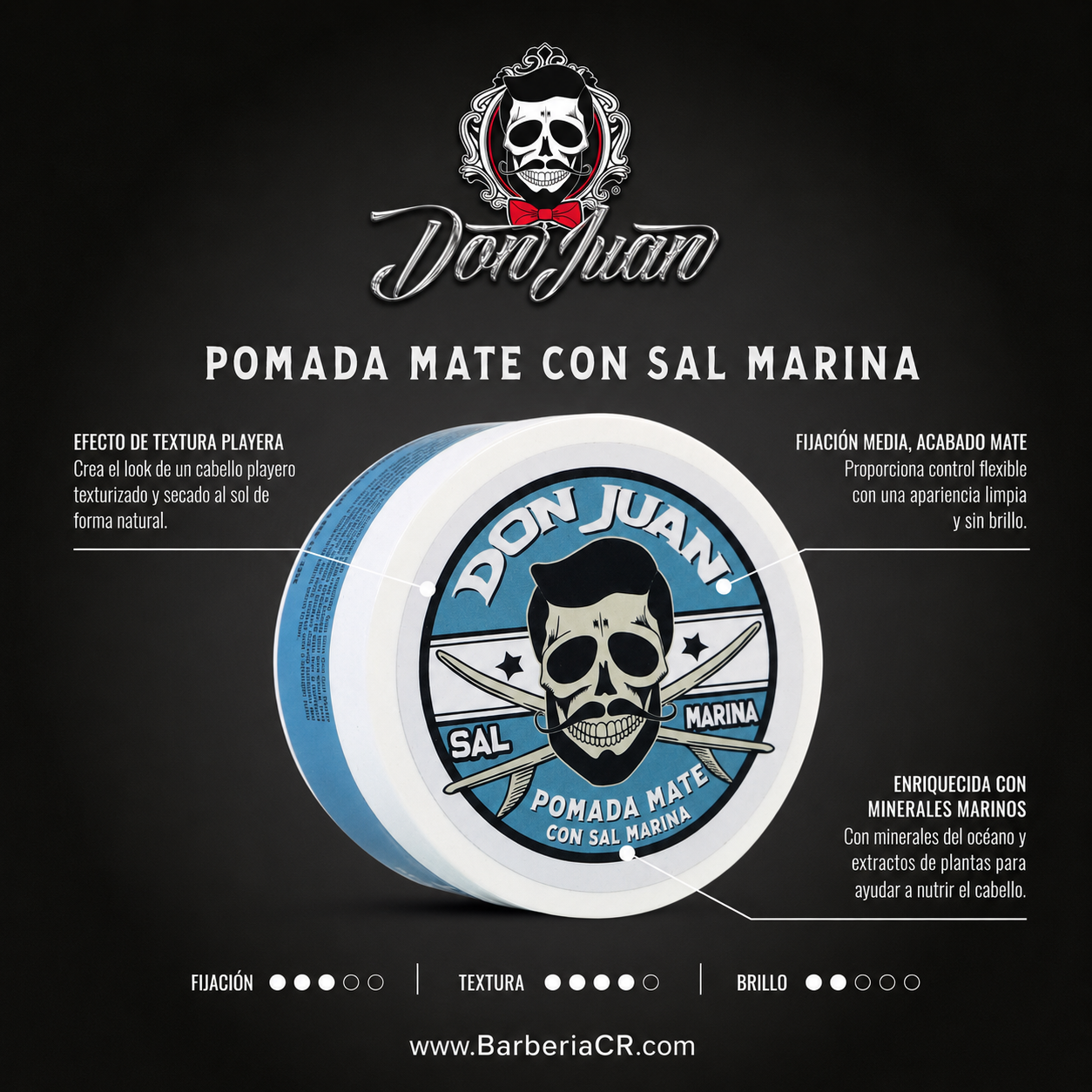 Cartel promocional negro de Pomada Mate con Sal Marina, con un tarro con el logotipo de una calavera azul y blanca.