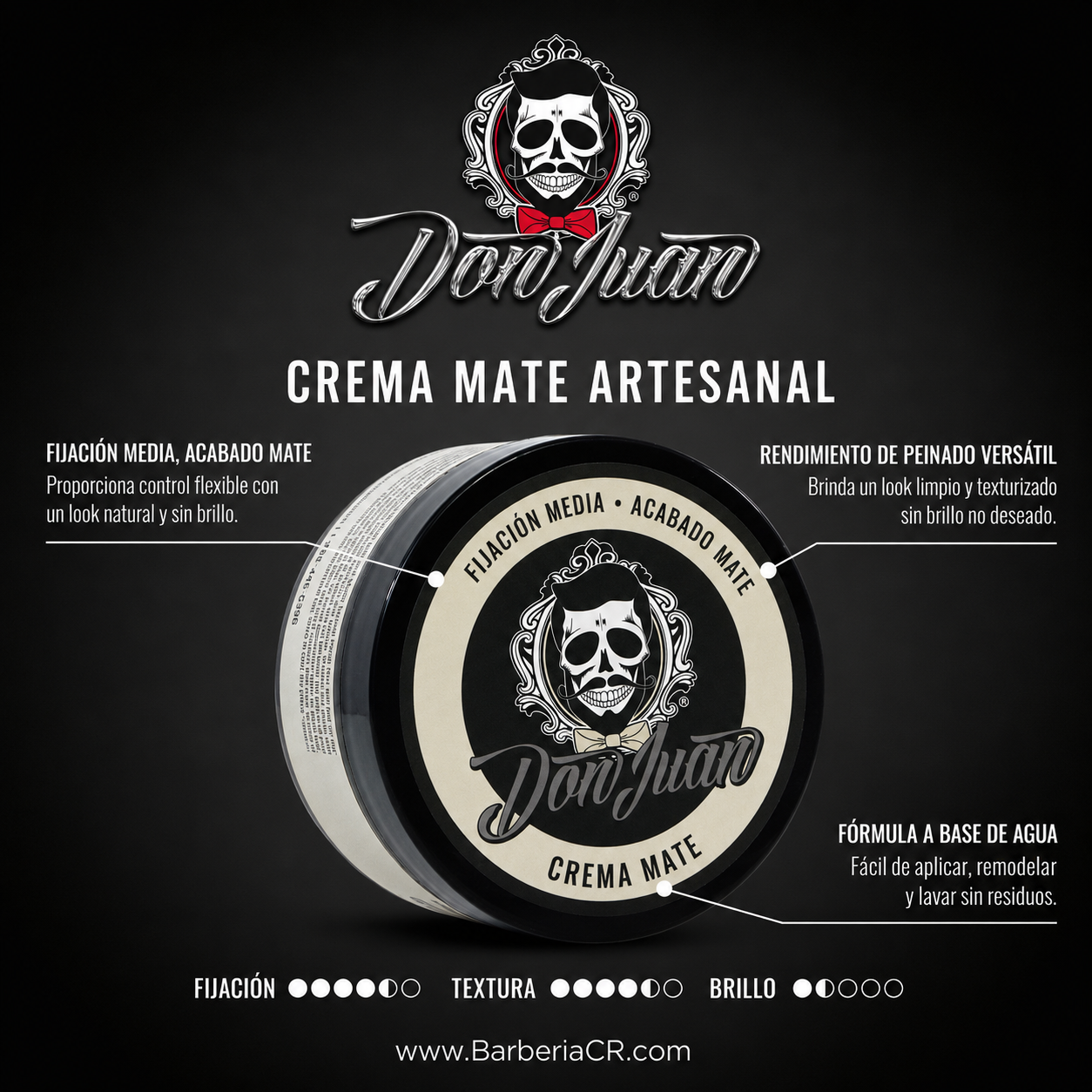 Etiqueta oscura del producto “Durovlan”, crema mate artesanal, con logotipo de calavera y diseño en blanco y negro.