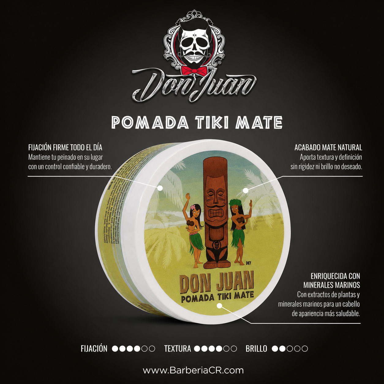 Etiqueta oscura del producto Pomada Tiki Mate con logotipo de calavera e ilustración tiki.