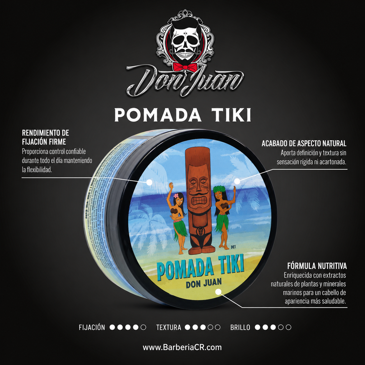 Cartel negro del producto capilar Pomada Tiki con aceite de coco, que muestra una escena de playa en la etiqueta de un frasco redondo.