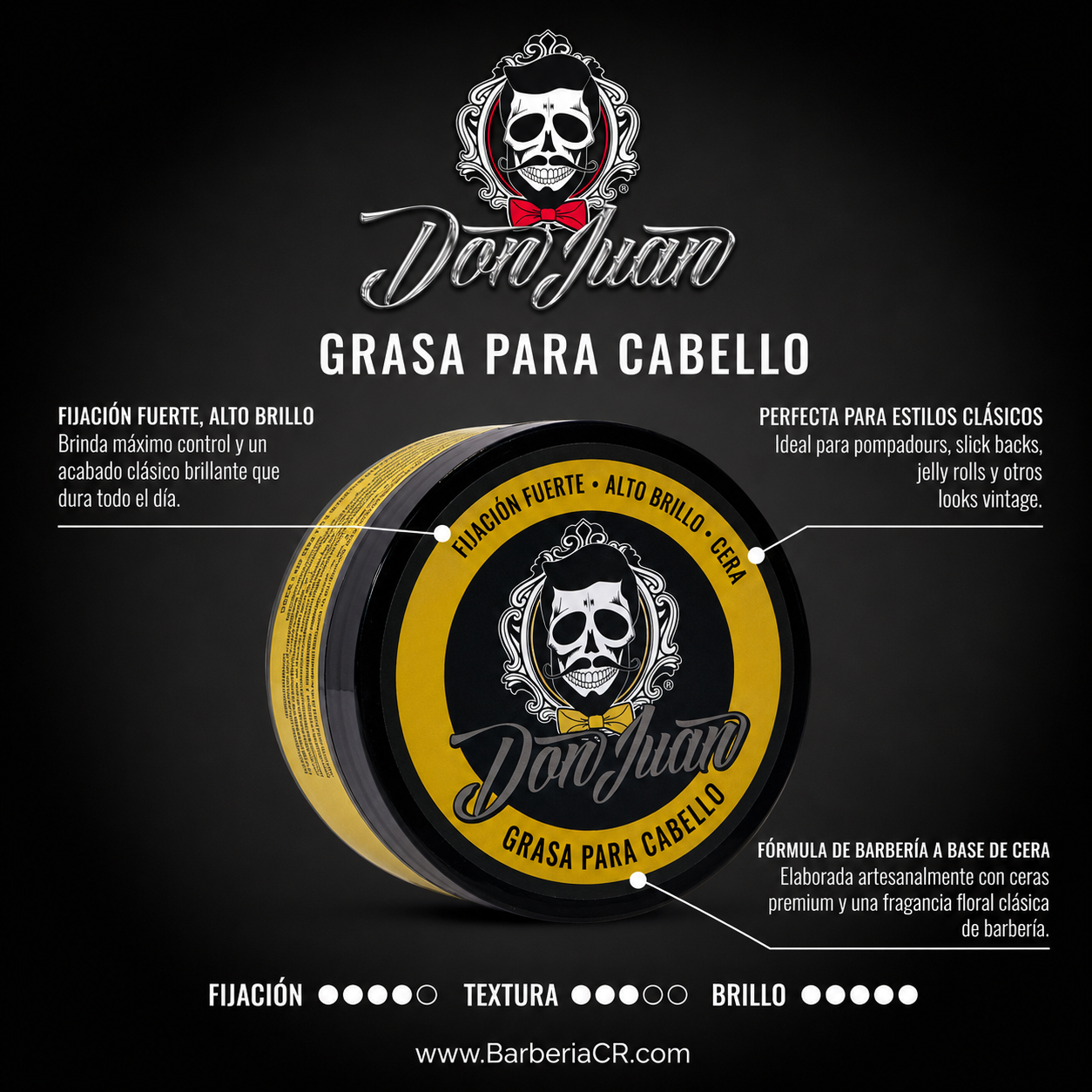 Póster negro y dorado de los espaguetis Don Vitoos, “grasa para cabello”, con logotipo de calavera y detalles del producto.