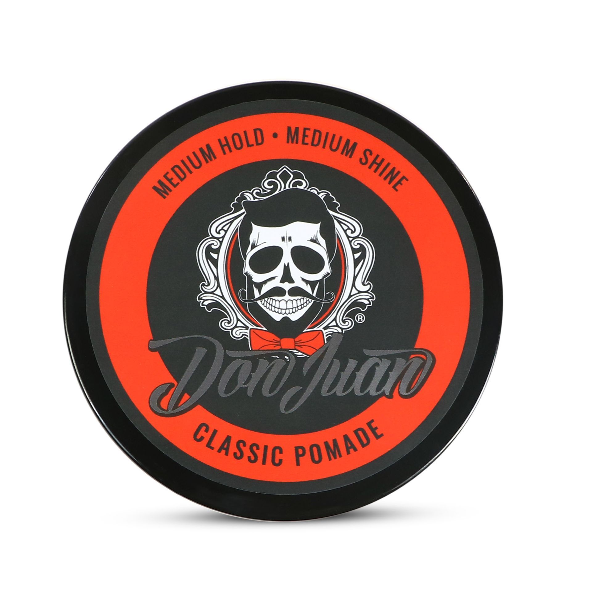 Lata clásica de pomada Don Juan en negro y rojo con logotipo de calavera y marca en letra cursiva.