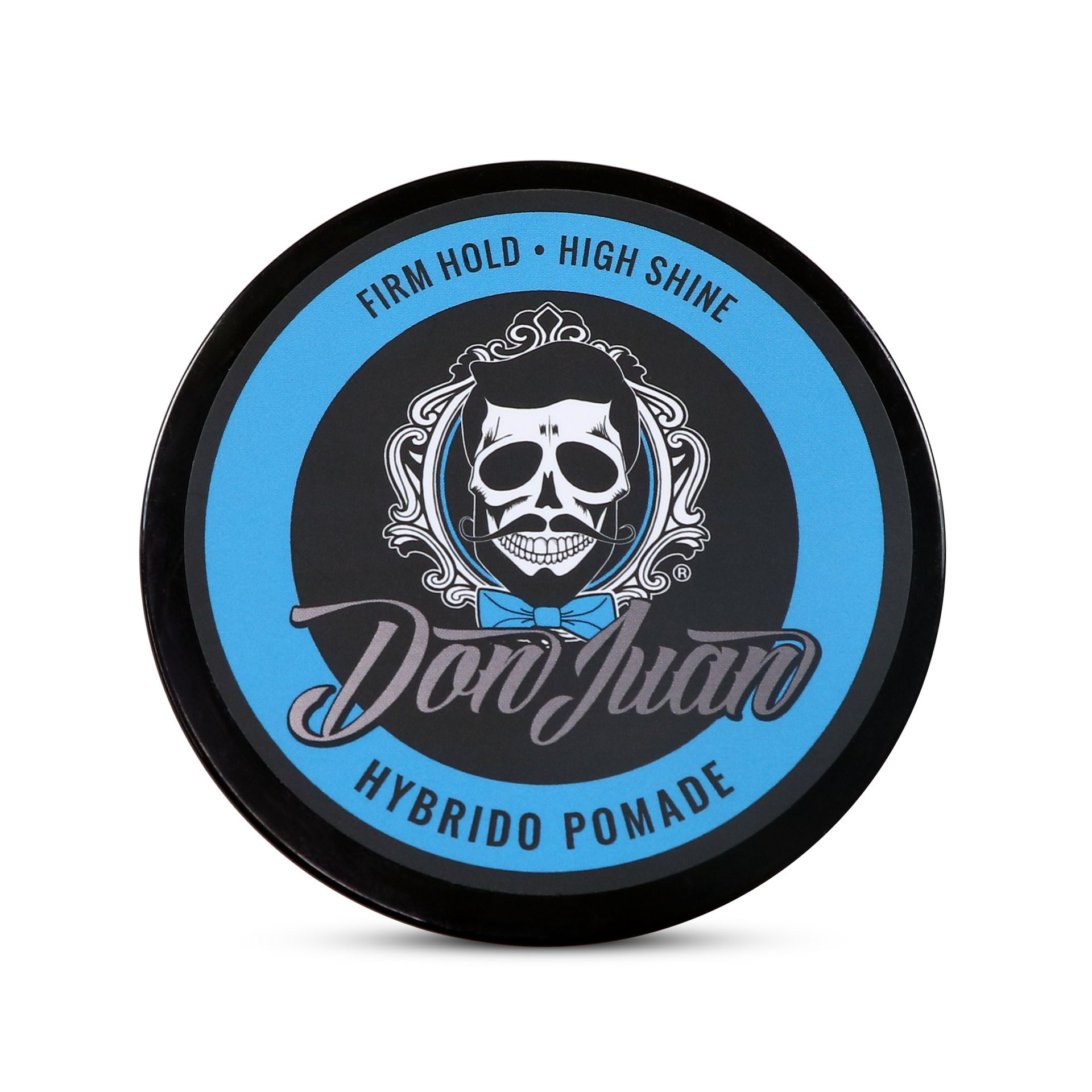 Lata de pomada híbrida Don Juan en negro, azul y gris con logotipo de calavera y letras.