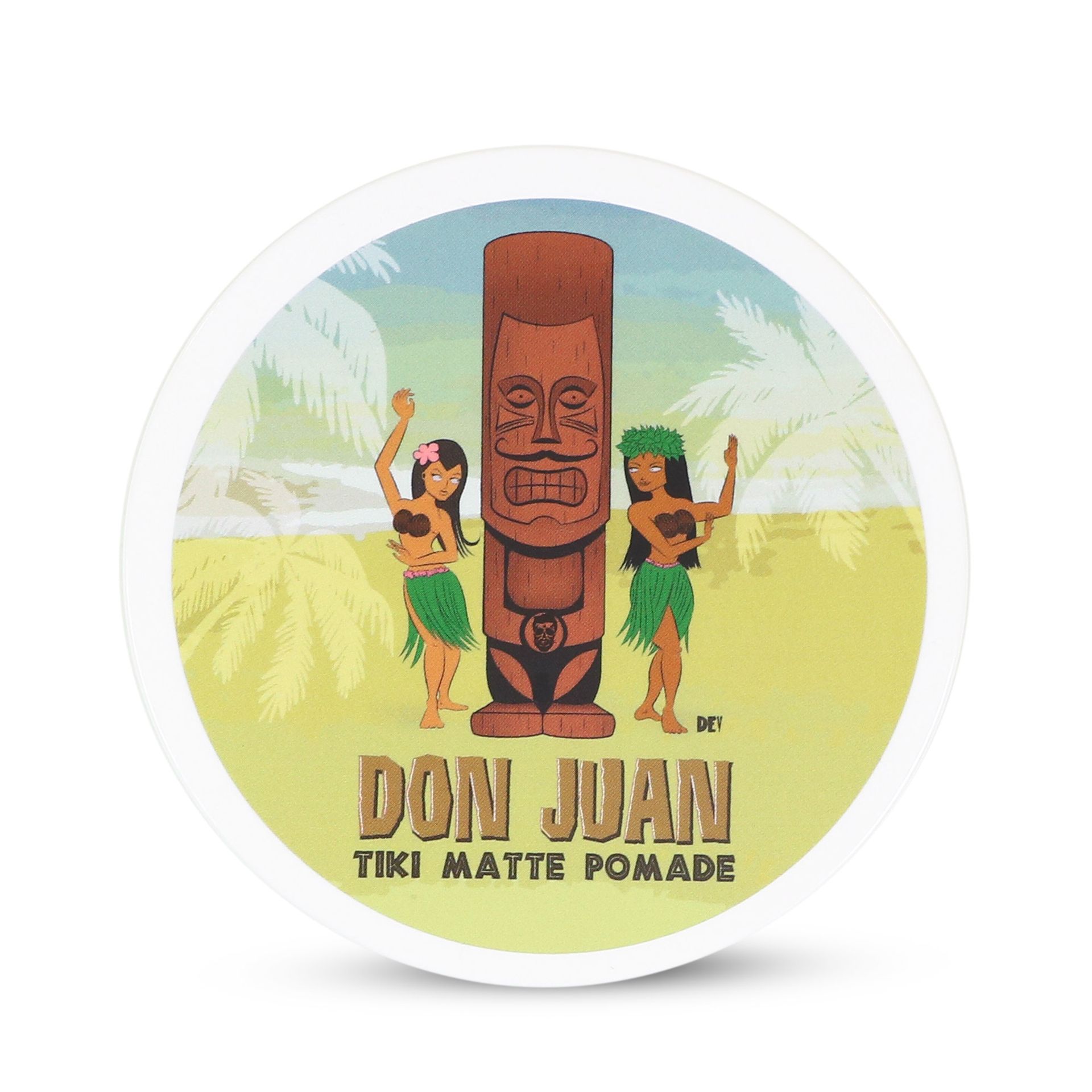 Promoción de Don Juan Tiki Night con un ídolo tiki de madera y dos bailarines sobre un fondo de playa tropical.