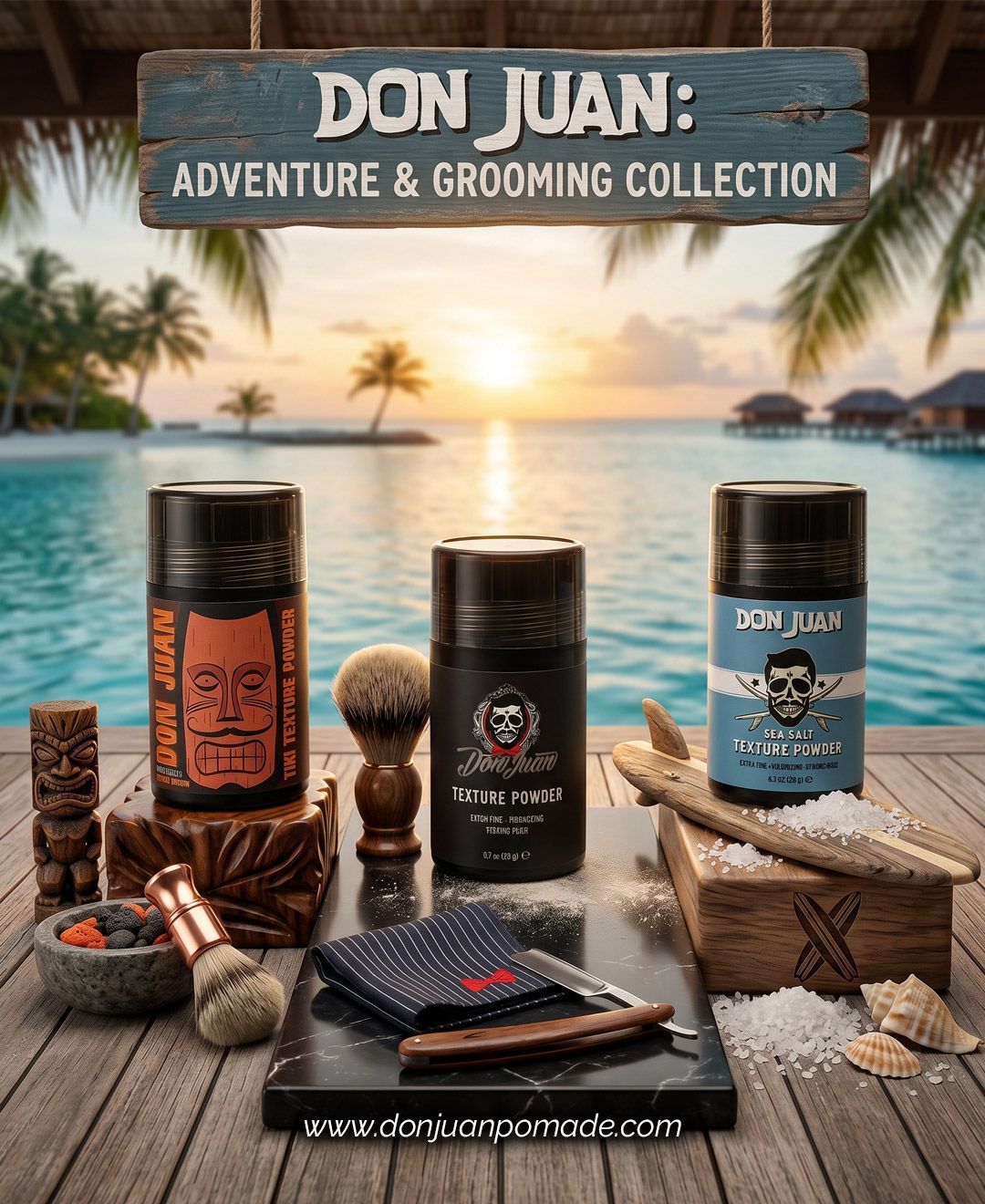 Productos de aseo personal Don Juan expuestos en una escena playera al atardecer, con palmeras y el océano.