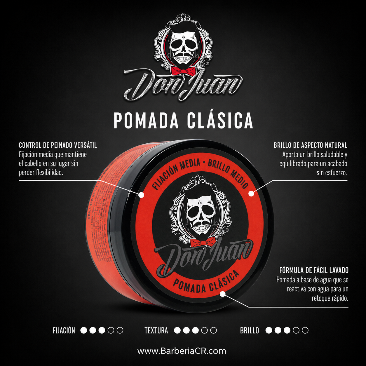 Etiqueta de Pomada clásica con logo de calavera sobre diseño de envase circular negro y rojo.
