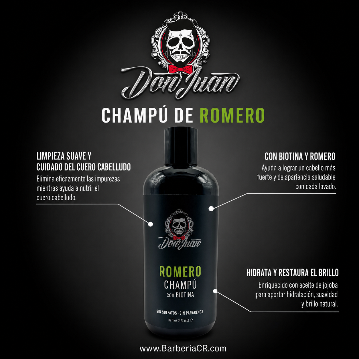 Anuncio de una botella de champú Black Romero con logotipo de calavera y texto blanco/amarillo sobre fondo oscuro.