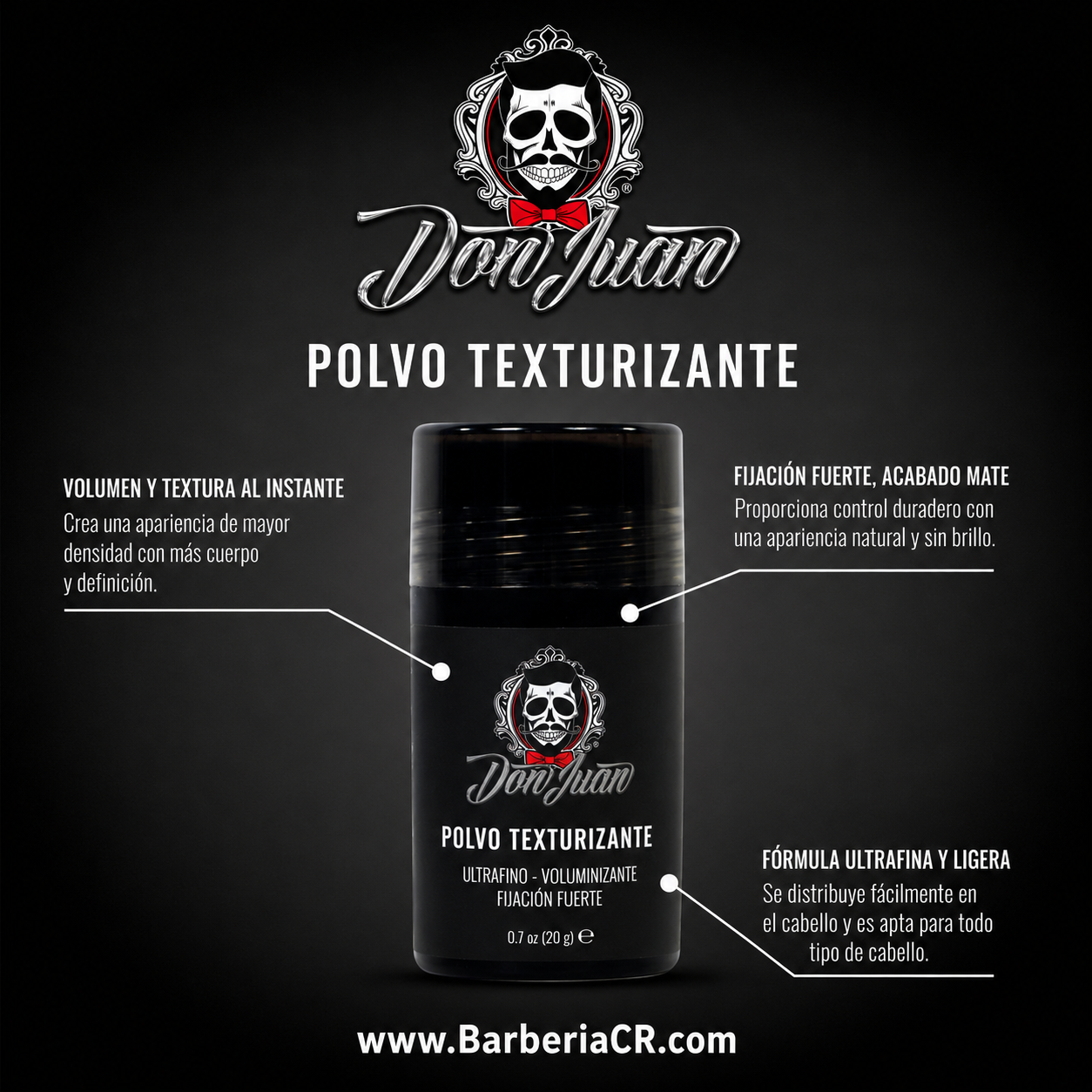 Tarro negro de texturizador en polvo D'Glam con etiquetas blancas sobre fondo negro, marca BarberiaCR.com.