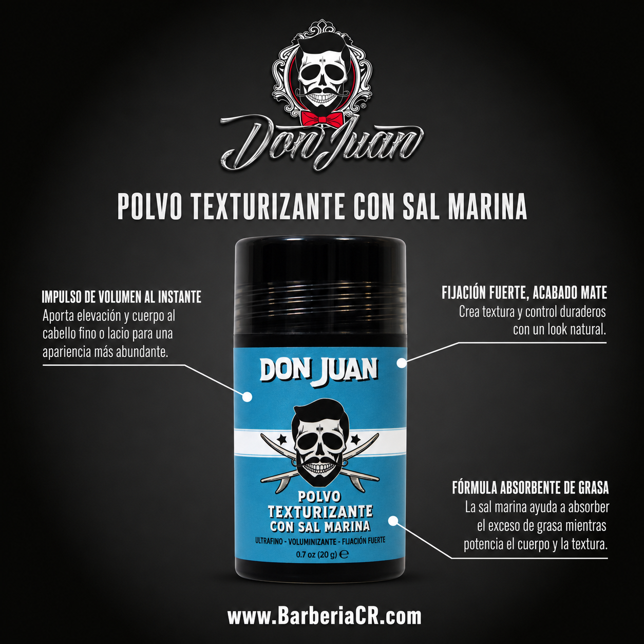 Tarro de producto texturizante para el cabello Don Juan, de color azul y negro, con logo de calavera y texto en español.