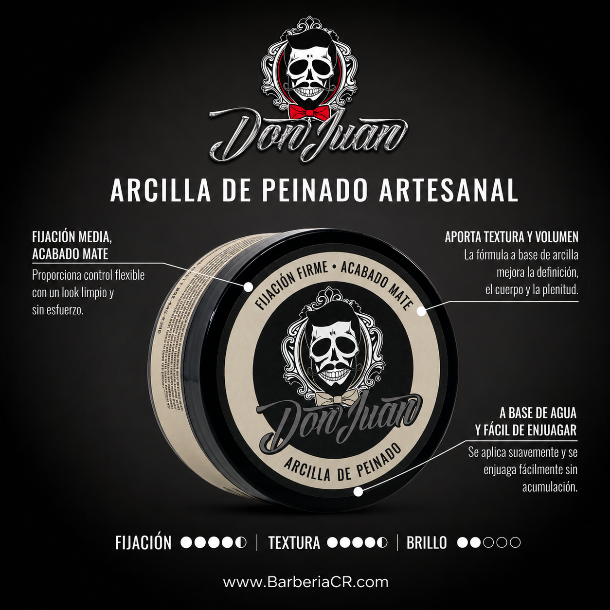 Anuncio de producto en negro para la arcilla de afeitar artesanal Don Juan con logotipo de calavera y frasco circular sobre fondo oscuro.