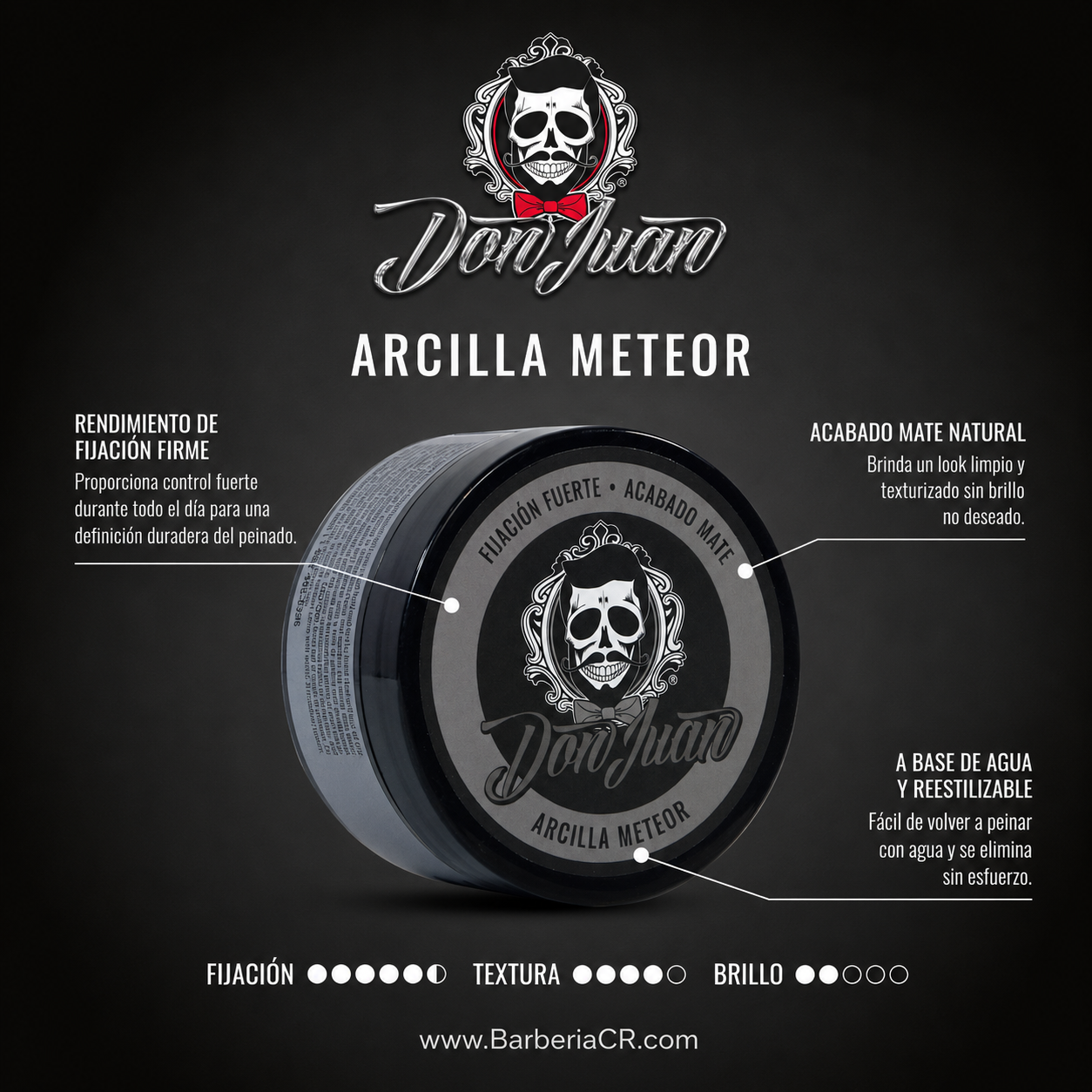 Anuncio oscuro del tabaco Don Juan Arcilla Meteor, que muestra una lata negra con el logotipo de una calavera y etiquetas.