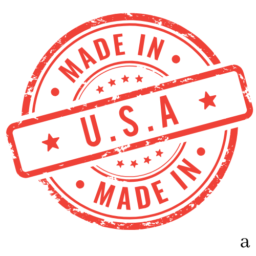 Sello circular rojo con la inscripción “Made in USA” en rojo y una franja diagonal en el centro.