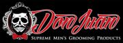Logotipo de Don Juan con un emblema de calavera y texto en letra cursiva roja sobre fondo negro, para productos de cuidado personal masculino.