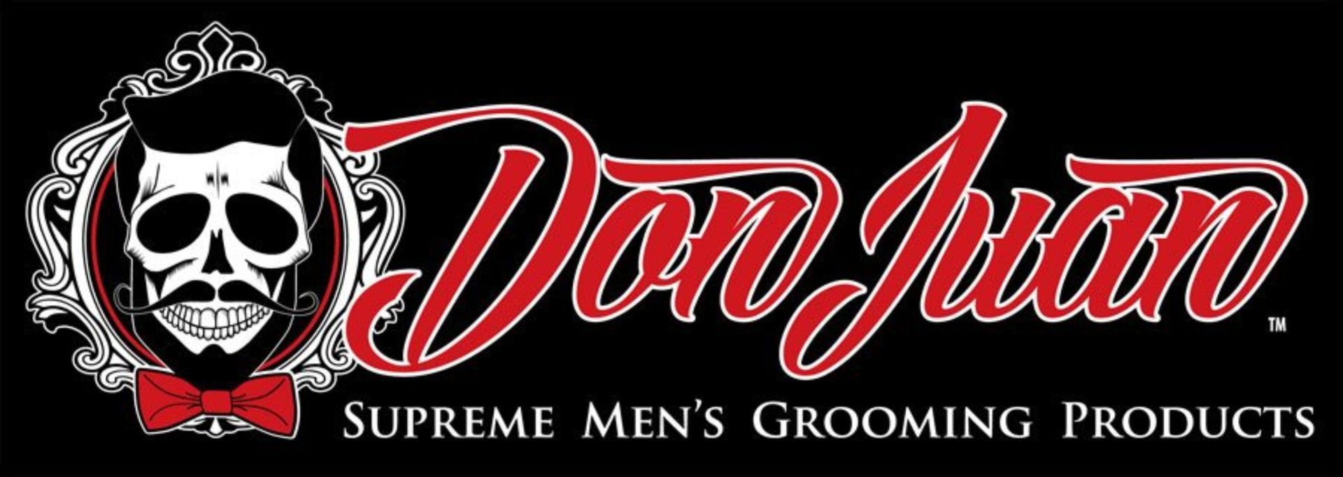 Logotipo de Don Juan con un emblema de calavera y texto en letra cursiva roja sobre fondo negro, para productos de cuidado personal masculino.
