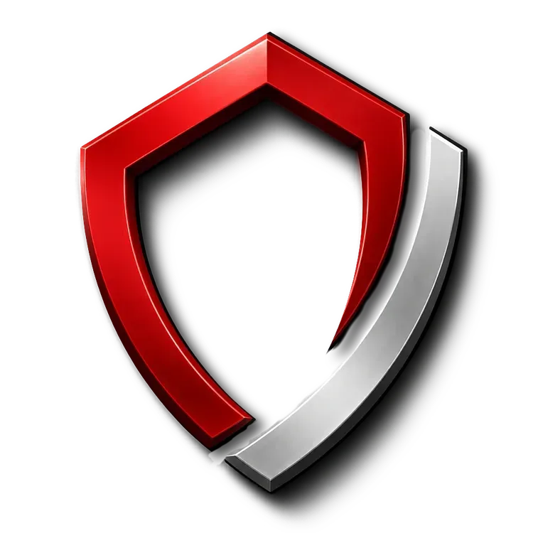 Red and silver shield logo icon with a glossy 3D design