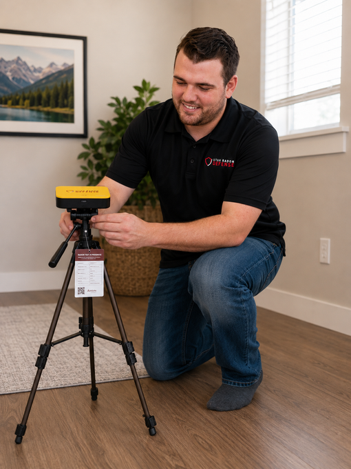 Man kneeling by a tripod-mounted yellow laser level in a bright room, adjusting the device.