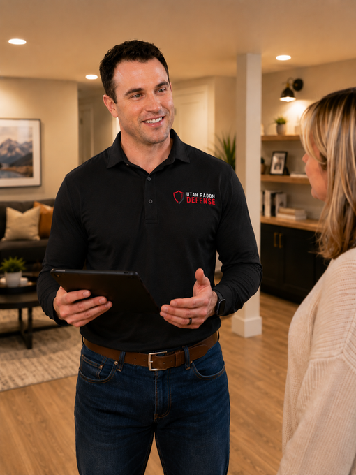 Man in black polo holding a tablet and speaking with a woman in a warm living room showroom