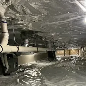 Encapsulated crawlspace with a sealed vapor barrier running wall to wall, and a sub-membrane radon depressurization system drawing soil gas out from beneath the liner