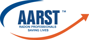 AARST logo with blue text and orange upward swoosh, reading “Radon Professionals Saving Lives”