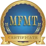 Gold MFMT certificate emblem with blue center and ribbon banner reading “CERTIFICATE”