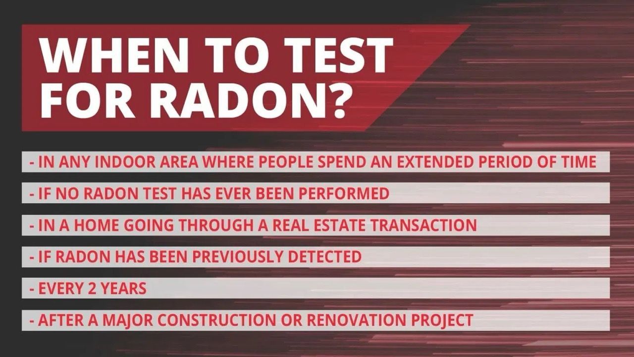 Red infographic listing when to test for radon, with white text and bullet points.
