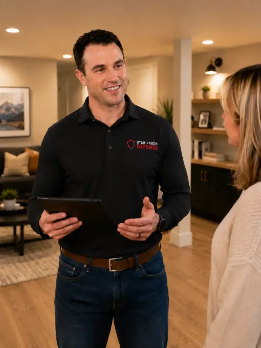Man in black polo holding a tablet and speaking with a woman in a warm living room showroom