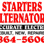 Red and black auto repair ad for starters and alternators, with phone number partially visible