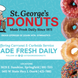 St. George’s Donuts poster in teal and red, advertising fresh daily donuts and bakery items.