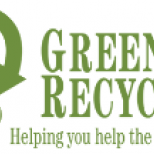 Green recycling logo with green text and the slogan “Helping you help the”
