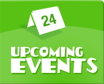 Green “Upcoming Events” graphic with a white calendar icon showing 24.