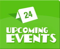 Green “Upcoming Events” sign with a white calendar icon showing 24