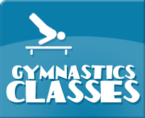 Blue sign with gymnast silhouette and the words “GYMNASTICS CLASSES”