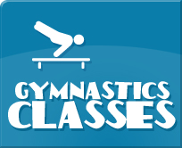 Blue logo with gymnast icon and white text reading “Gymnastics Classes”